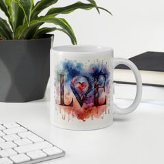 Watercolor LOVE Ceramic Mug – Heart & Feather Design