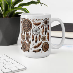 Rustic Dreamcatcher Ceramic Mug – Mandala & Feather Design