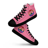 Tickle Me Pink Women’s High Top Canvas Shoes with Rainbow Peace Design