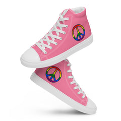 Tickle Me Pink Women’s High Top Canvas Shoes with Rainbow Peace Design