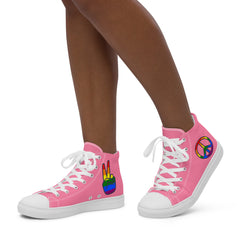 Tickle Me Pink Women’s High Top Canvas Shoes with Rainbow Peace Design