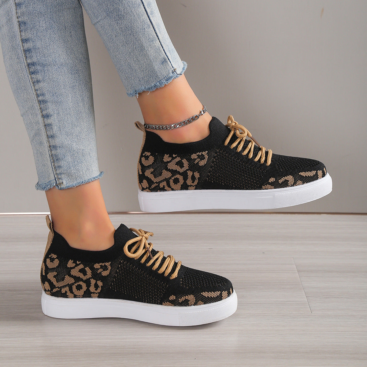 Women's Lace-Up Leopard Flat Sneakers