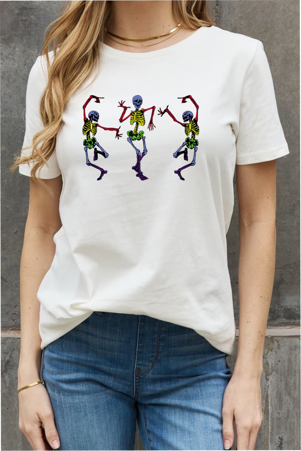 Women’s Casual Cotton T-Shirt - Dancing Skeleton Graphic