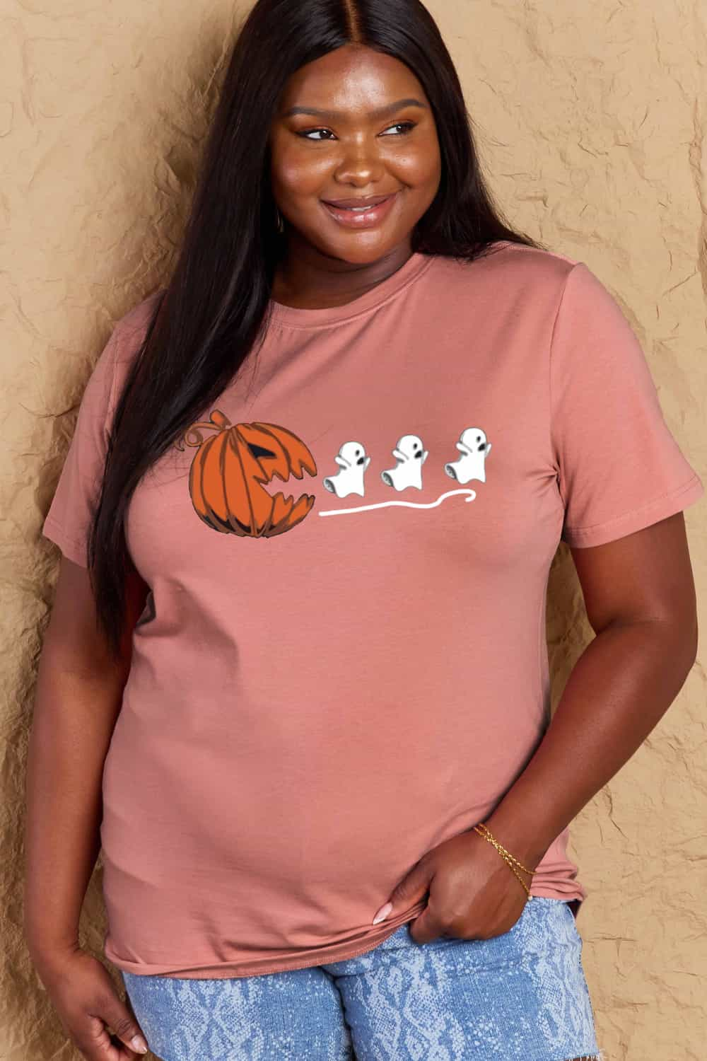 Full Size Jack-O'-Lantern Chasing Ghosts Graphic Cotton T-Shirt