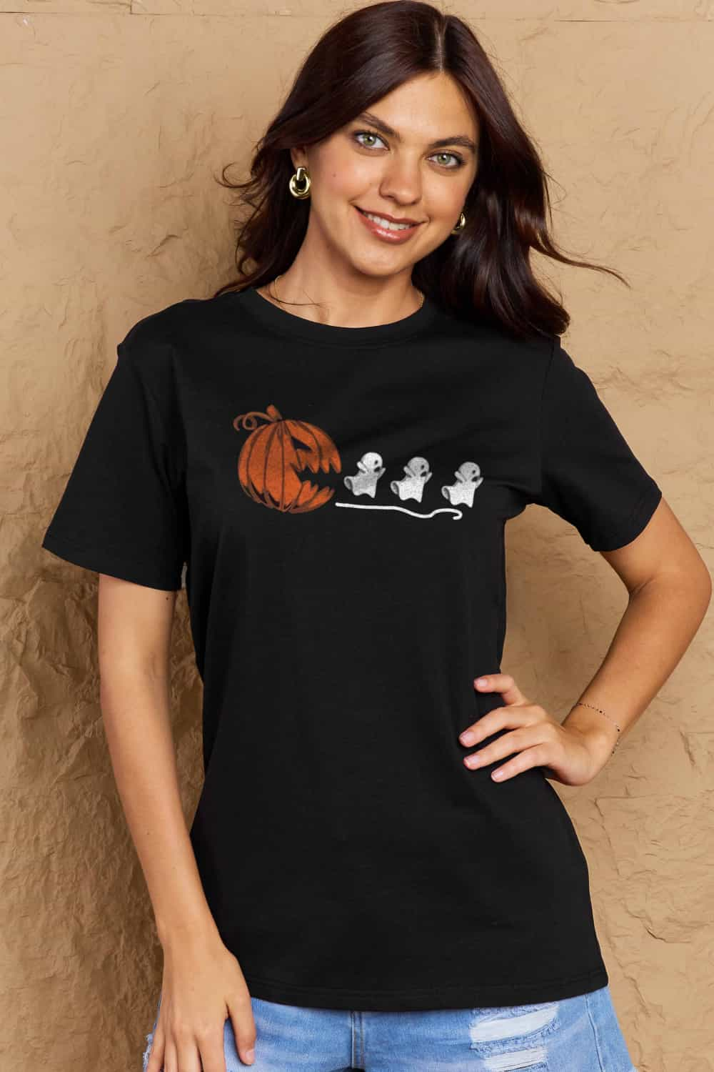 Full Size Jack-O'-Lantern Chasing Ghosts Graphic Cotton T-Shirt