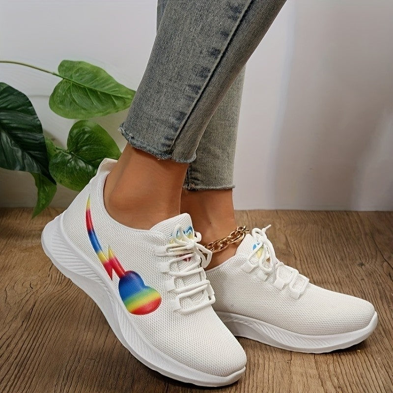 Women Yellow Mesh Lace-Up Sneaker with Lightning and Heart Graphic