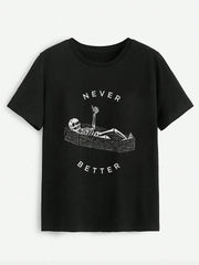 Graphic T-Shirt - Skeleton in Coffin with “Never Better” Slogan