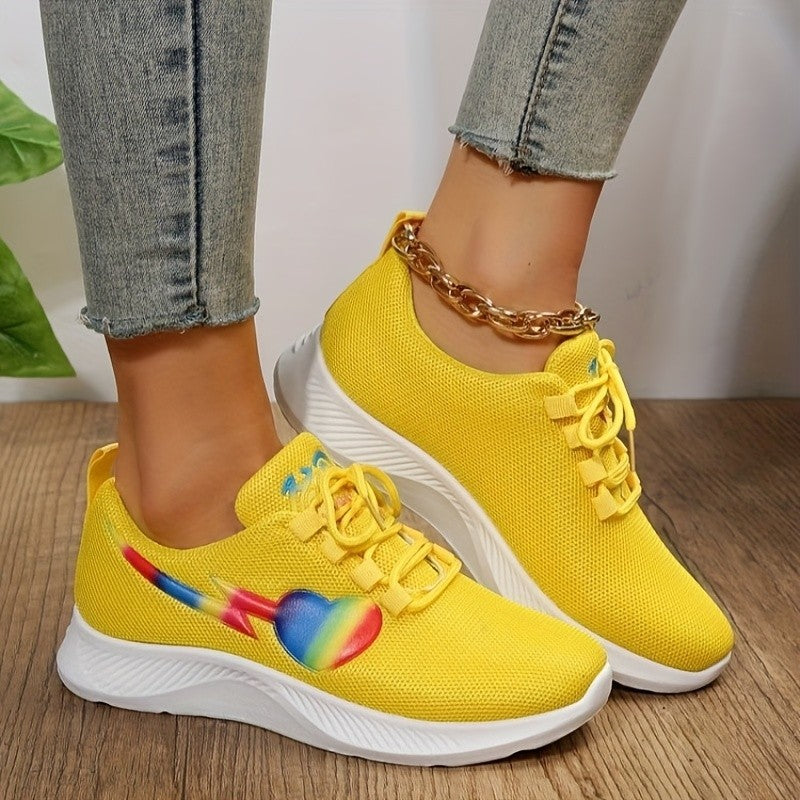 Women Yellow Mesh Lace-Up Sneaker with Lightning and Heart Graphic