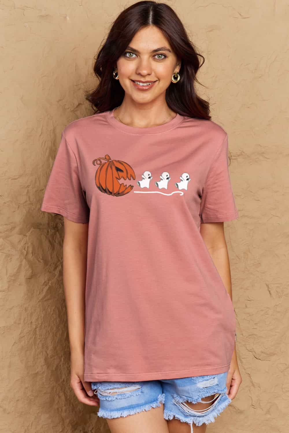 Full Size Jack-O'-Lantern Chasing Ghosts Graphic Cotton T-Shirt