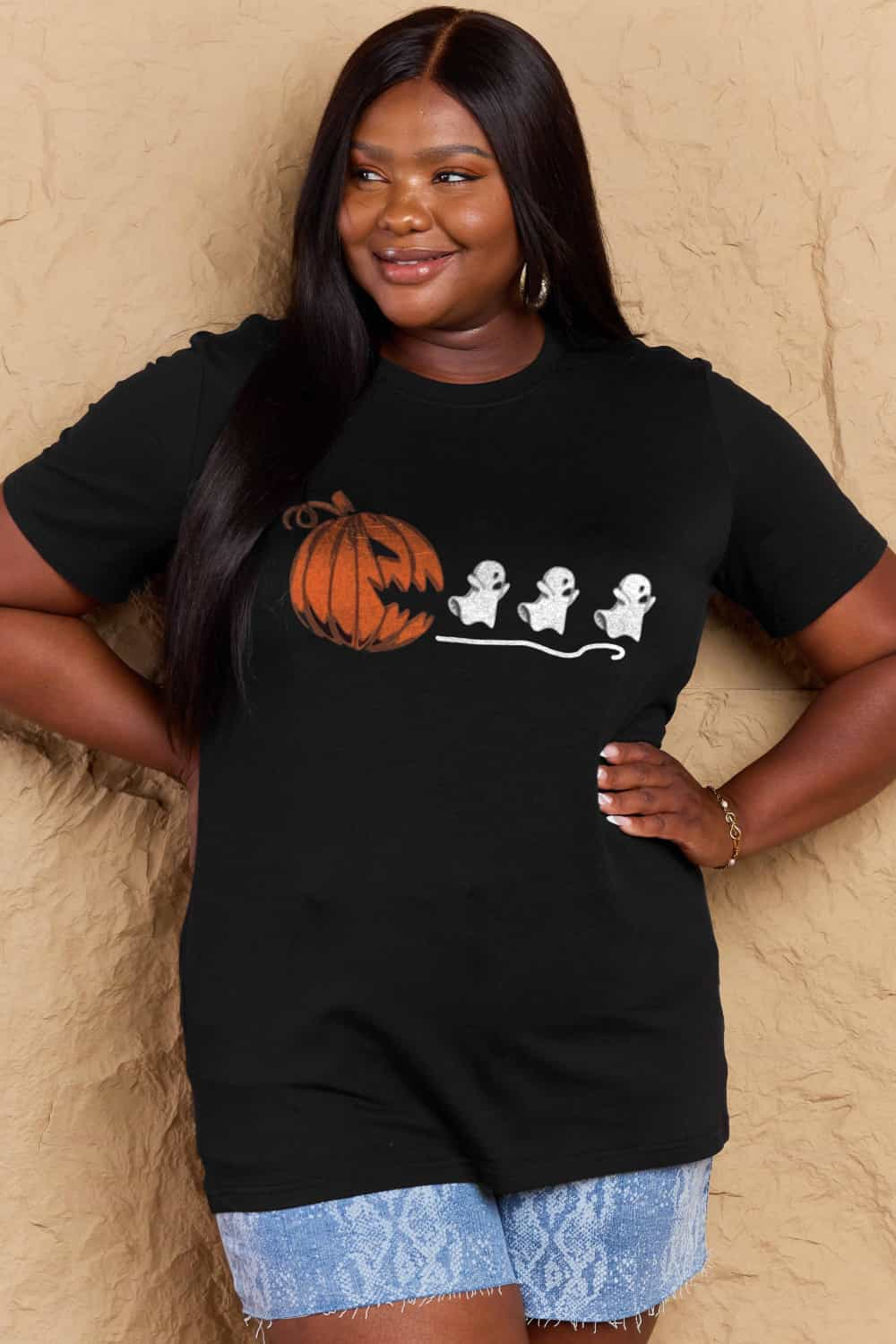 Full Size Jack-O'-Lantern Chasing Ghosts Graphic Cotton T-Shirt