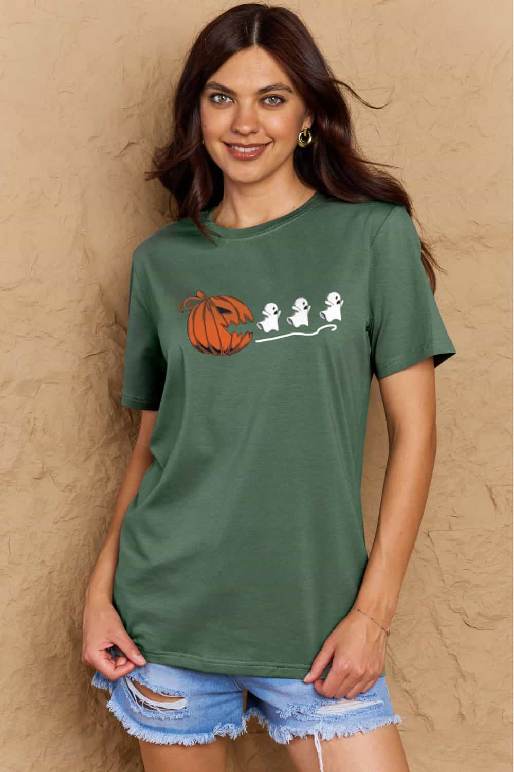 Full Size Jack-O'-Lantern Chasing Ghosts Graphic Cotton T-Shirt