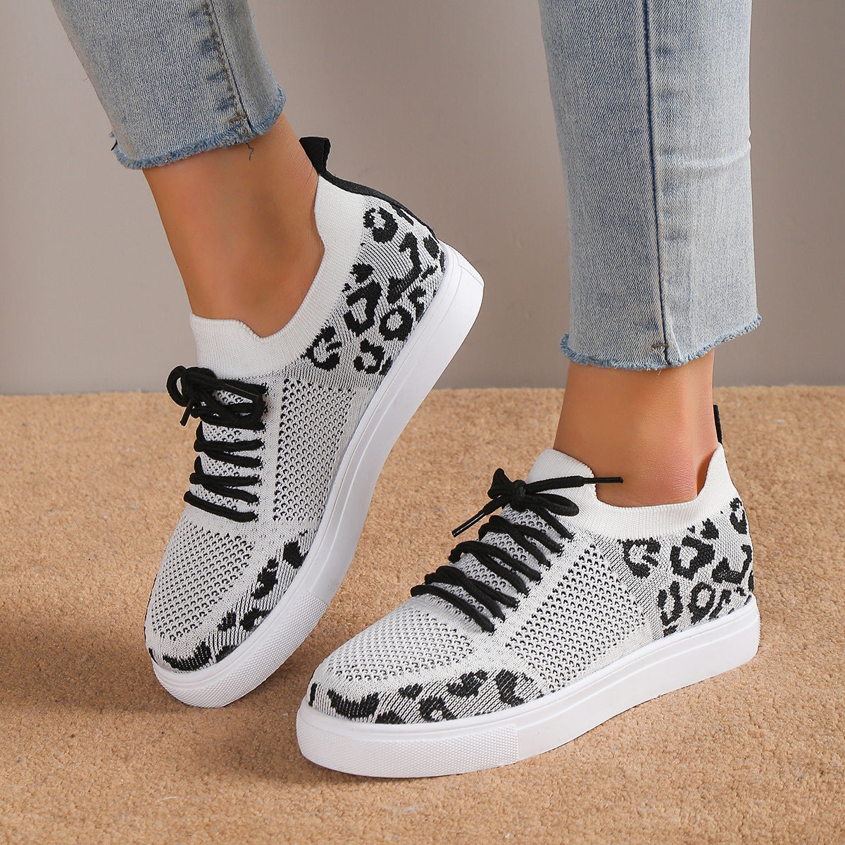 Women's Lace-Up Leopard Flat Sneakers