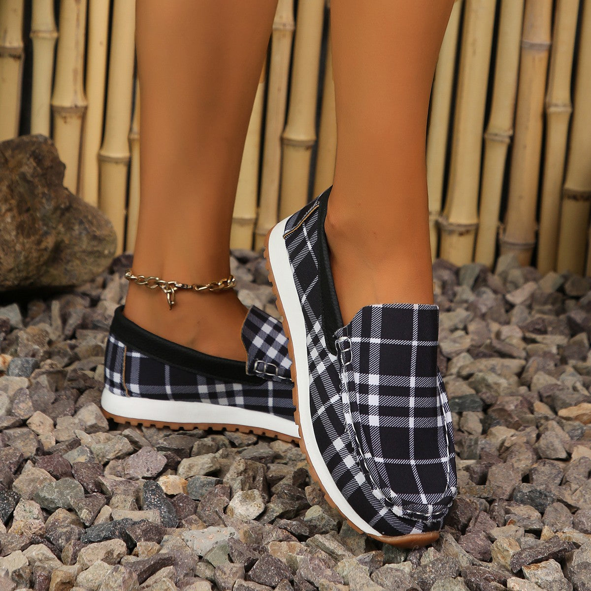 Plaid Round Toe Women's Slip-Ons