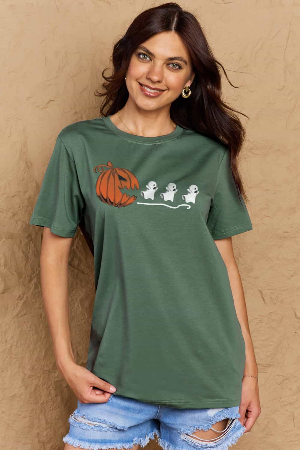 Full Size Jack-O'-Lantern Chasing Ghosts Graphic Cotton T-Shirt