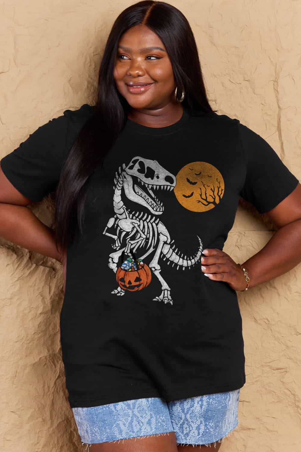 Full Size Women’s Casual Cotton T-Shirt - Dinosaur Skeleton