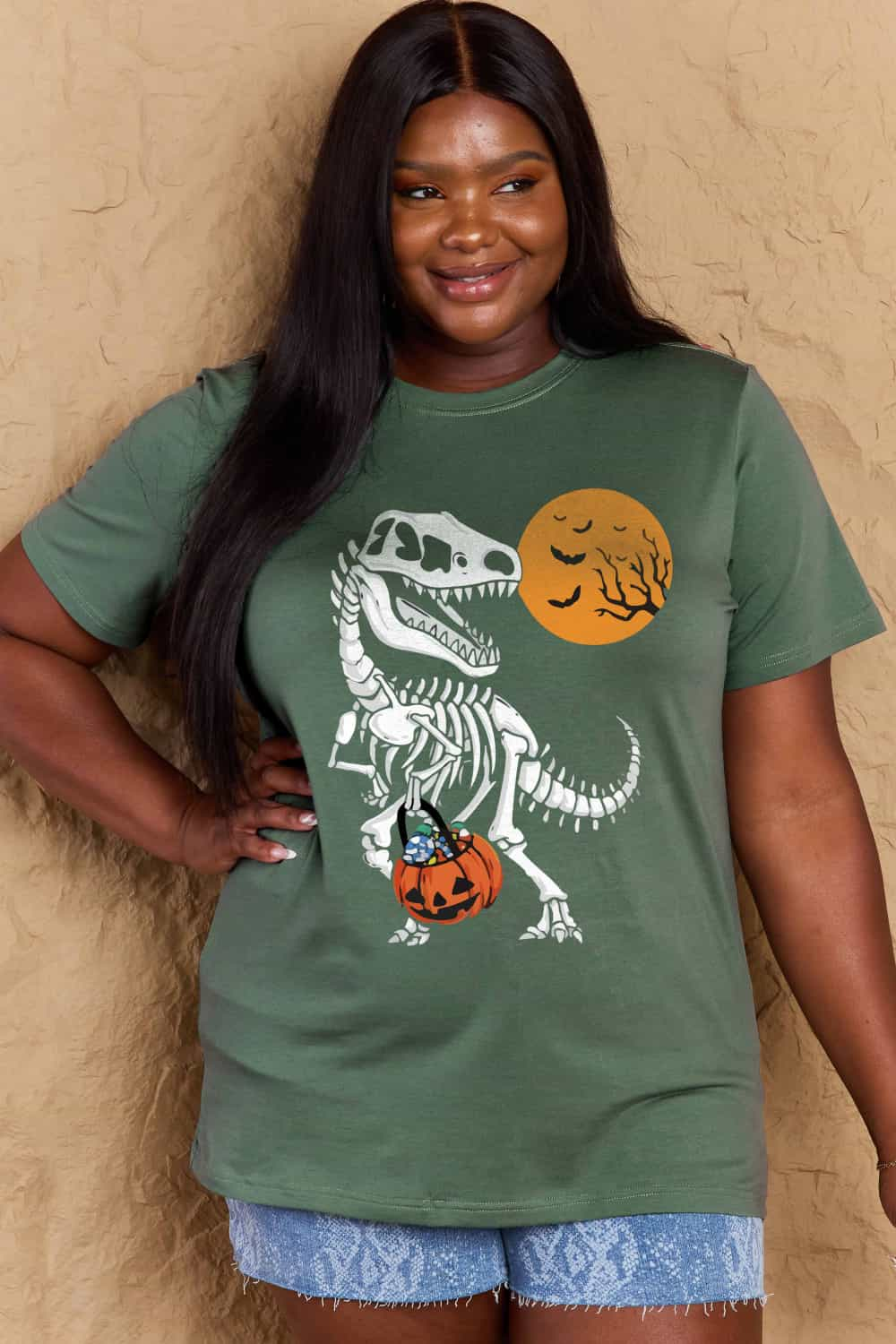 Full Size Women’s Casual Cotton T-Shirt - Dinosaur Skeleton