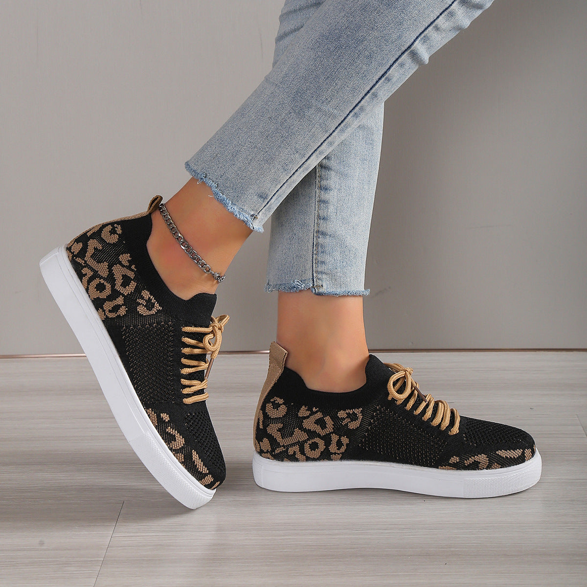 Women's Lace-Up Leopard Flat Sneakers