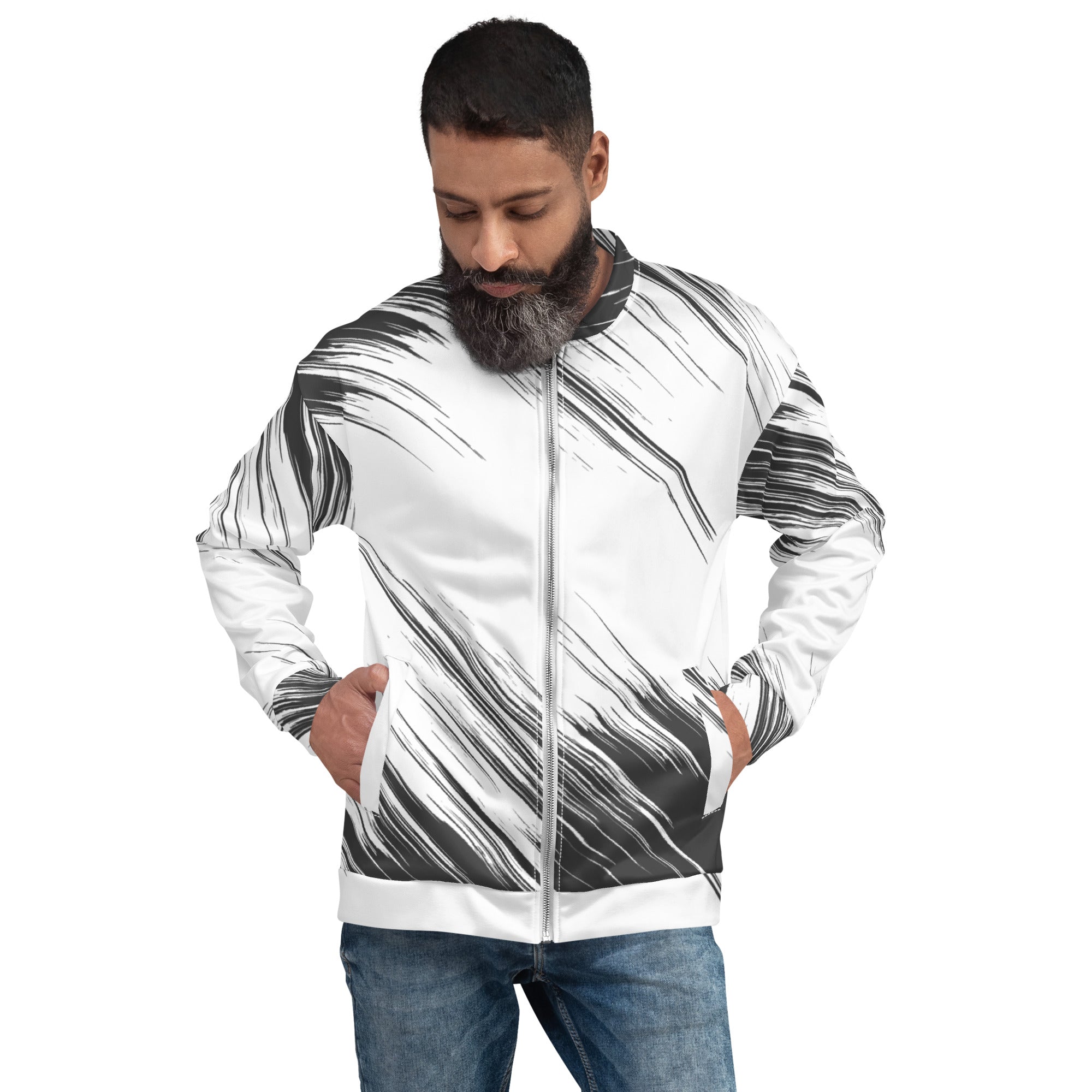 Abstract Black Lines Design Unisex Bomber Jacket - Hand-Sewn, Breathable, and OEKO-TEX 100 Certified