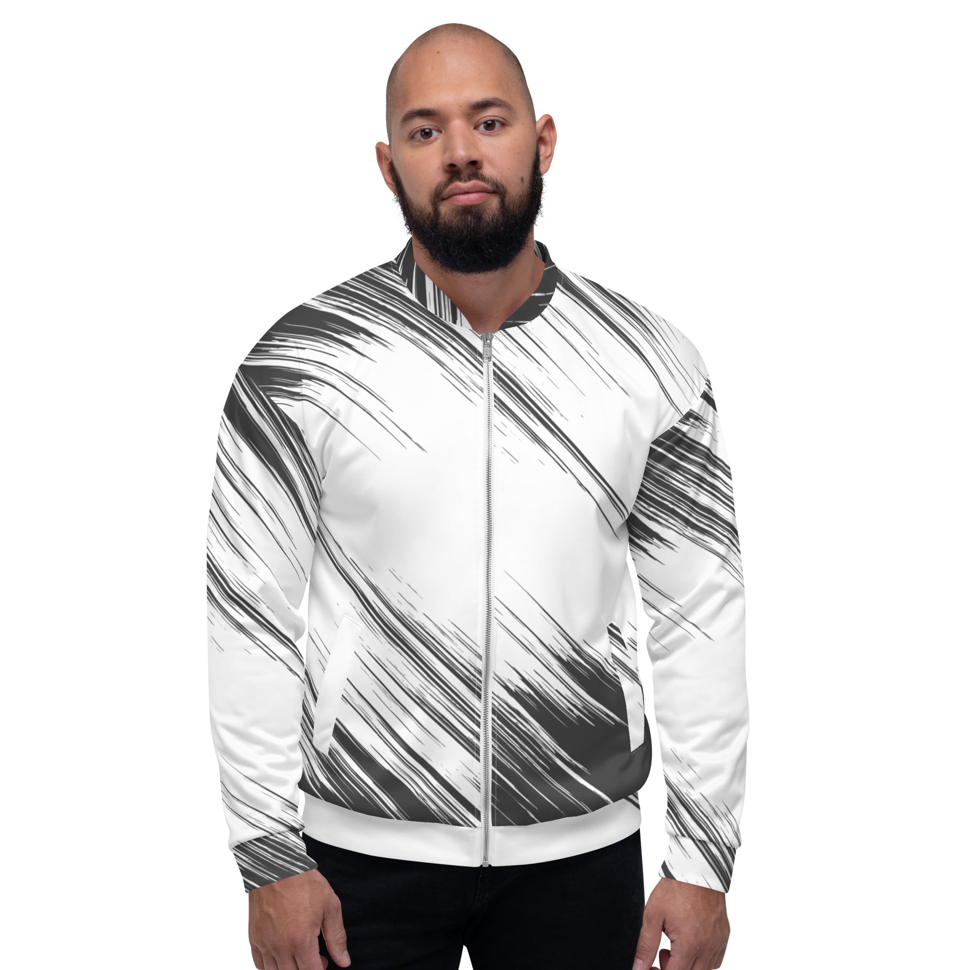 Abstract Black Lines Design Unisex Bomber Jacket - Hand-Sewn, Breathable, and OEKO-TEX 100 Certified