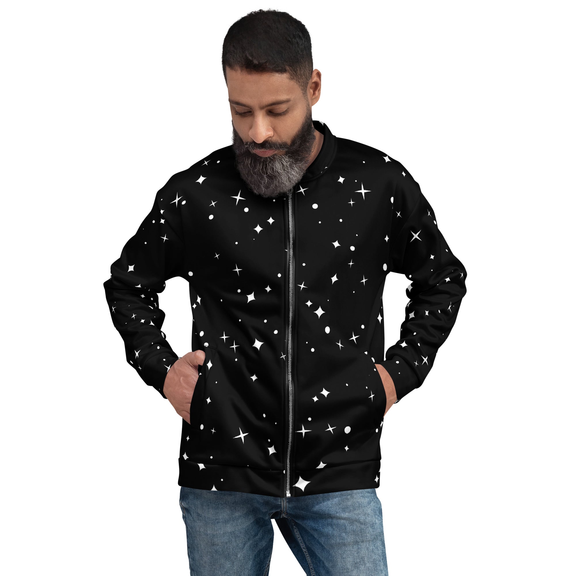 Star Pattern Unisex Bomber Jacket Hand-Sewn, and Oeko- Tex 100 Certified