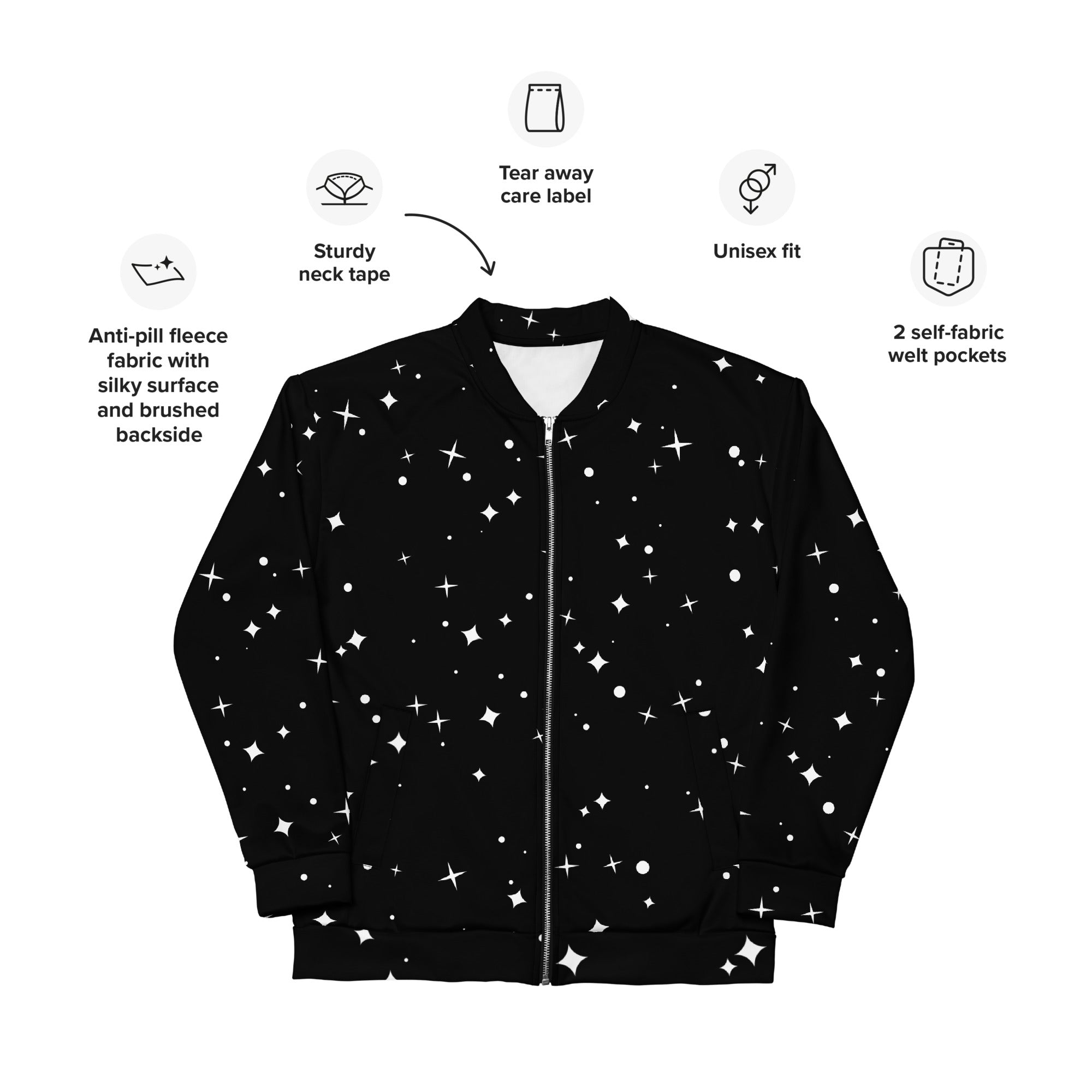 Star Pattern Unisex Bomber Jacket Hand-Sewn, and Oeko- Tex 100 Certified