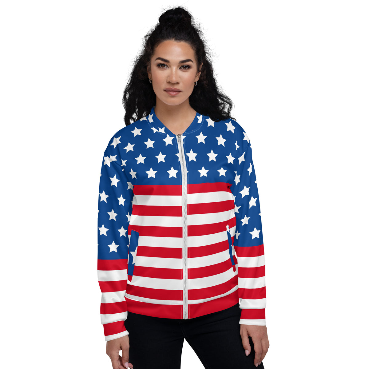 Unisex Bomber Jacket With USA Flag Design Hand-Sewn, And Oeko- Tex 100 Certified