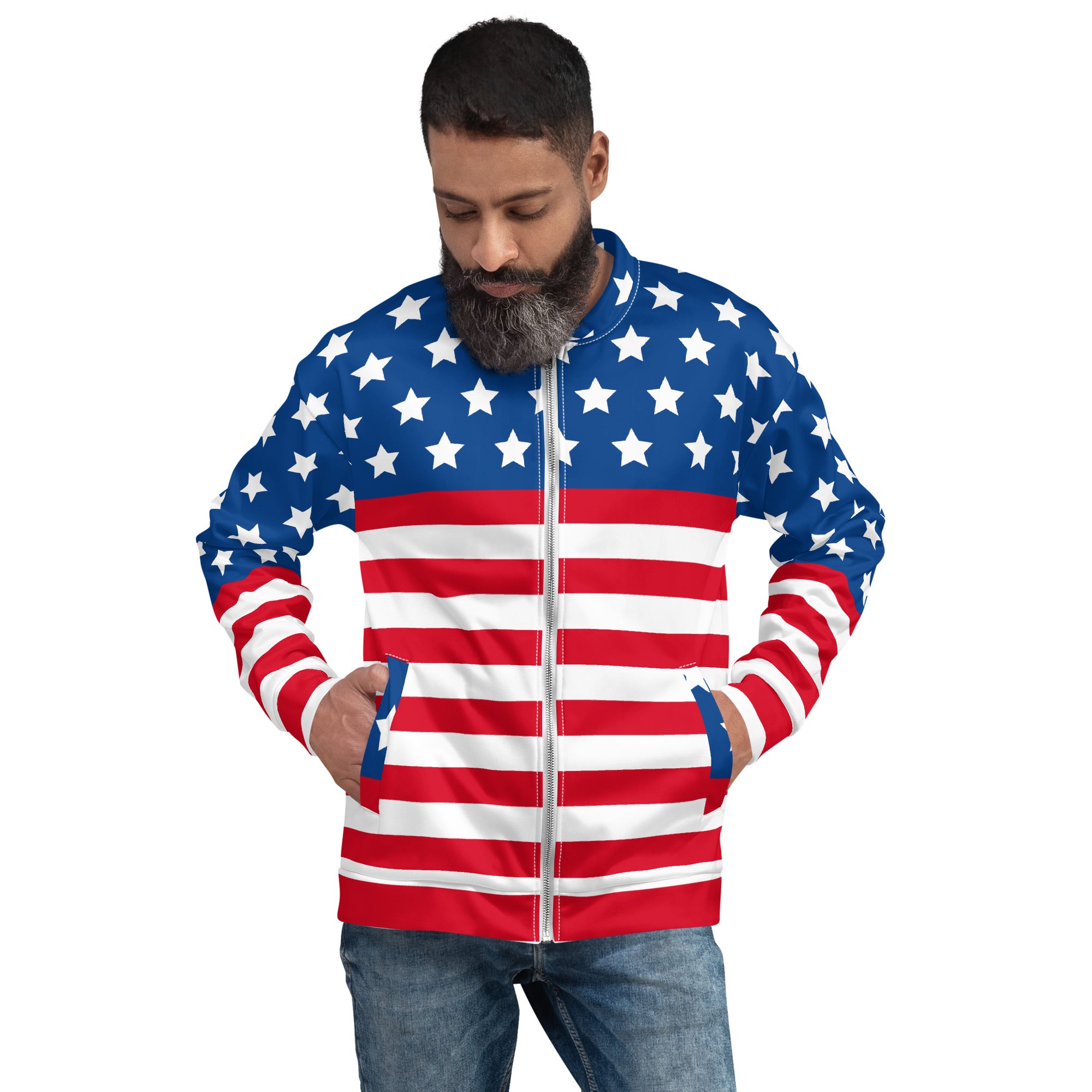 Unisex Bomber Jacket With USA Flag Design Hand-Sewn, And Oeko- Tex 100 Certified