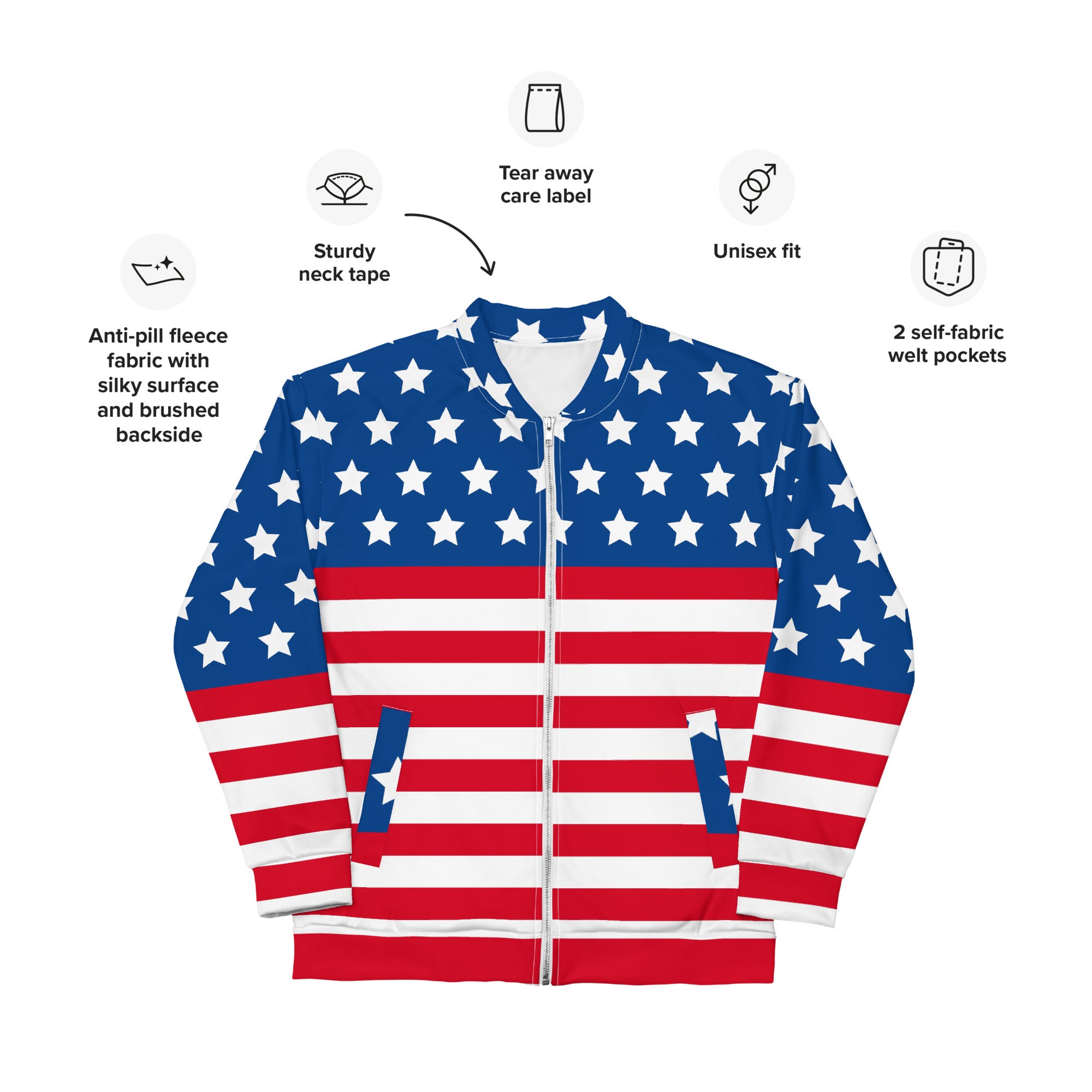 Unisex Bomber Jacket With USA Flag Design Hand-Sewn, And Oeko- Tex 100 Certified