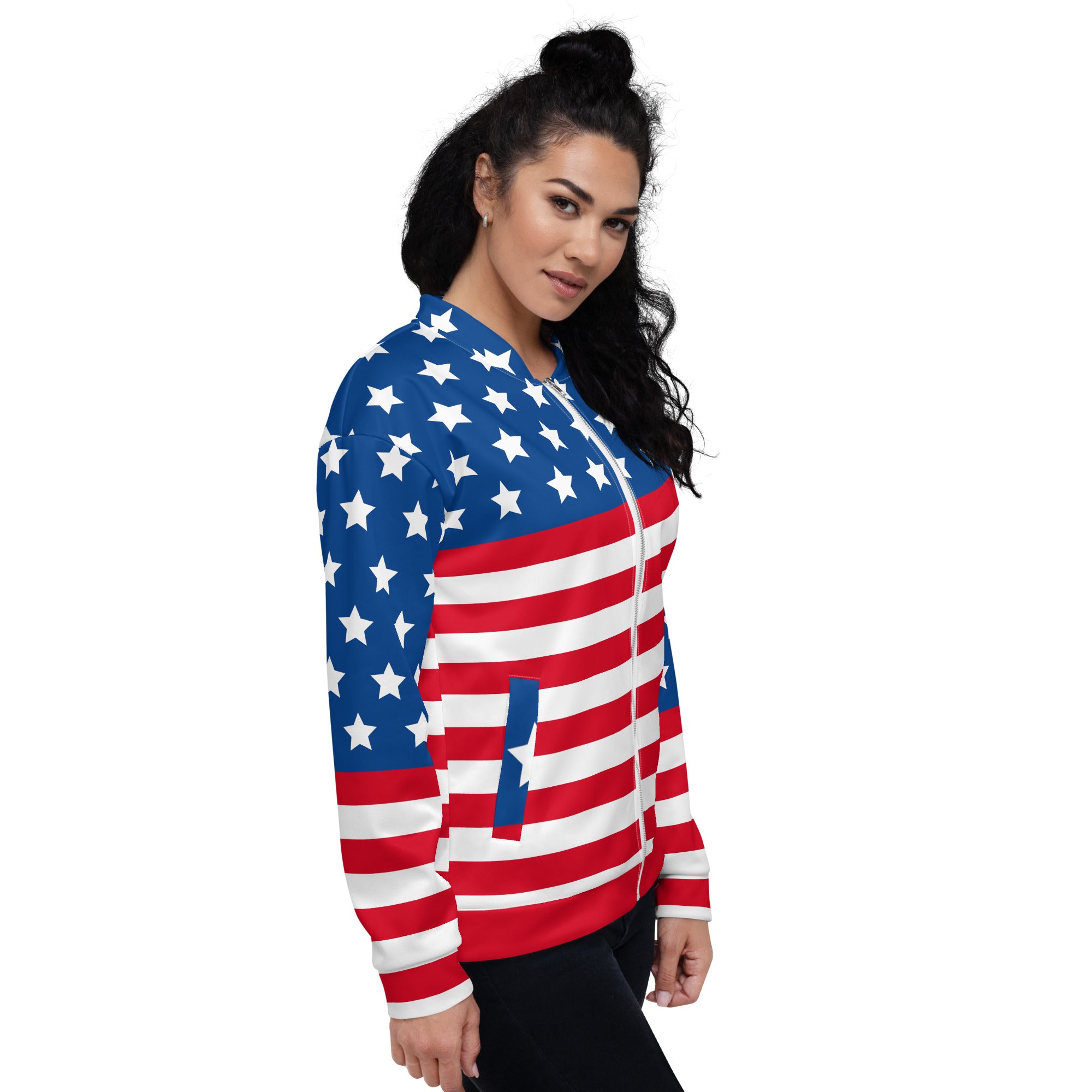 Unisex Bomber Jacket With USA Flag Design Hand-Sewn, And Oeko- Tex 100 Certified