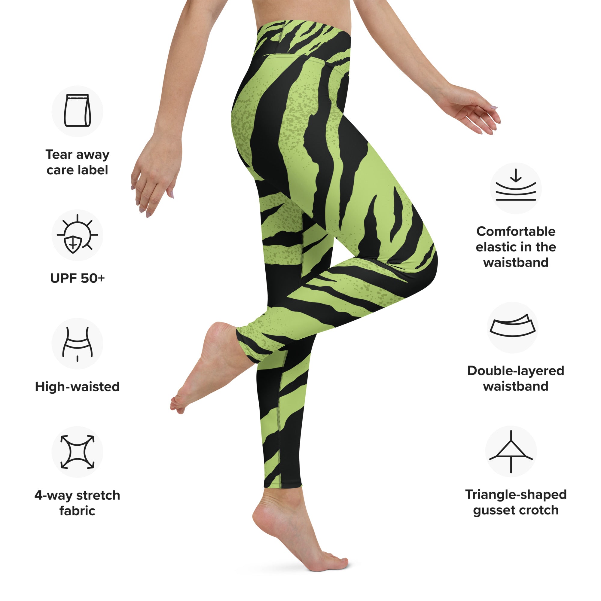 Premium Raised Waistband Yoga Leggings With Green Tiger Pattern