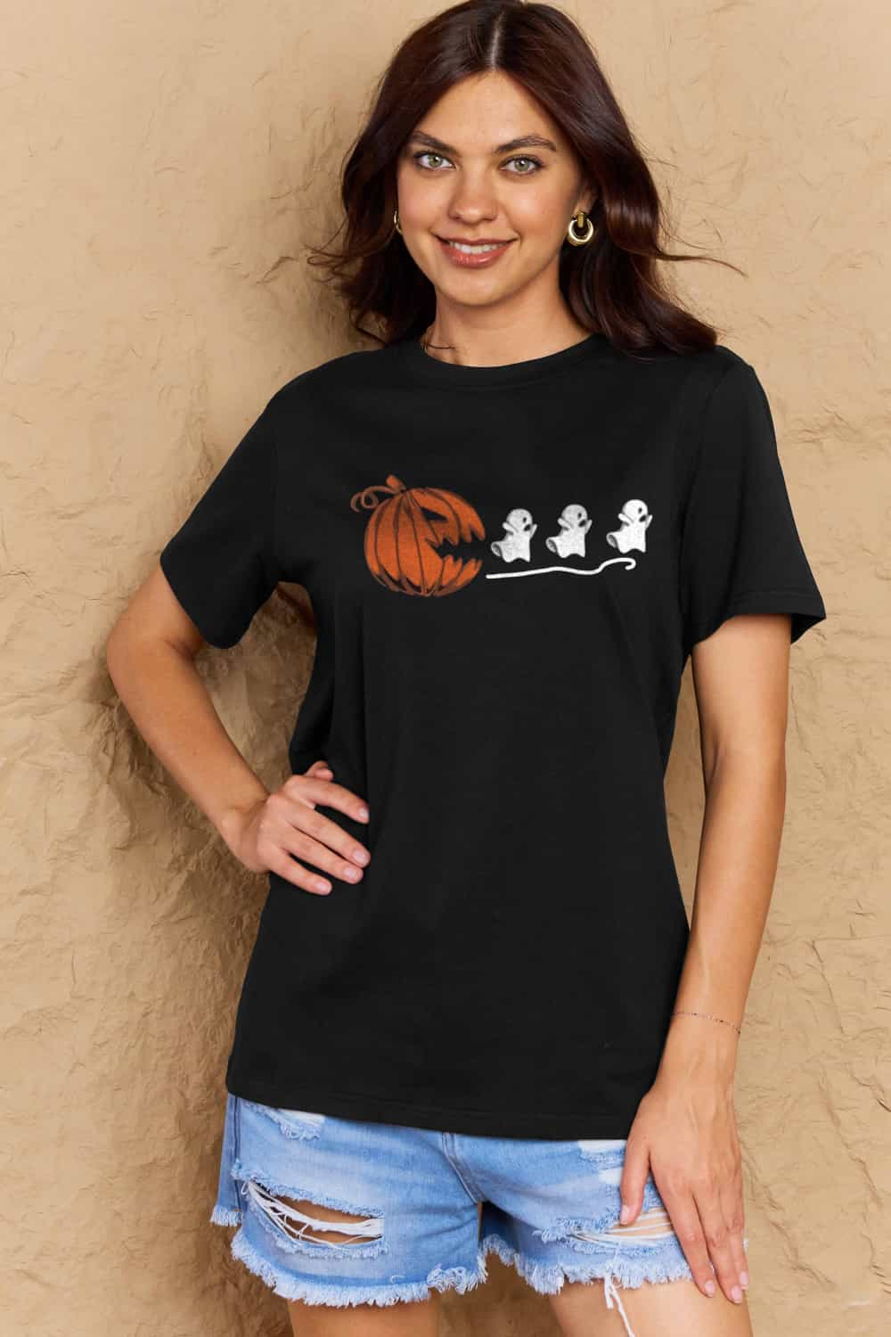 Full Size Jack-O'-Lantern Chasing Ghosts Graphic Cotton T-Shirt