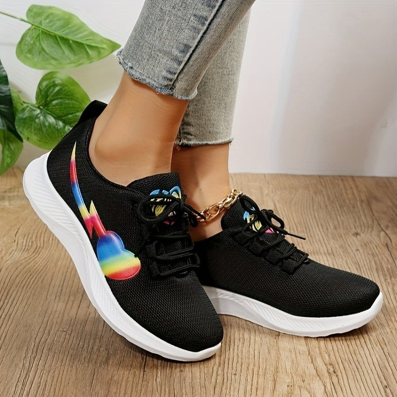 Women Yellow Mesh Lace-Up Sneaker with Lightning and Heart Graphic