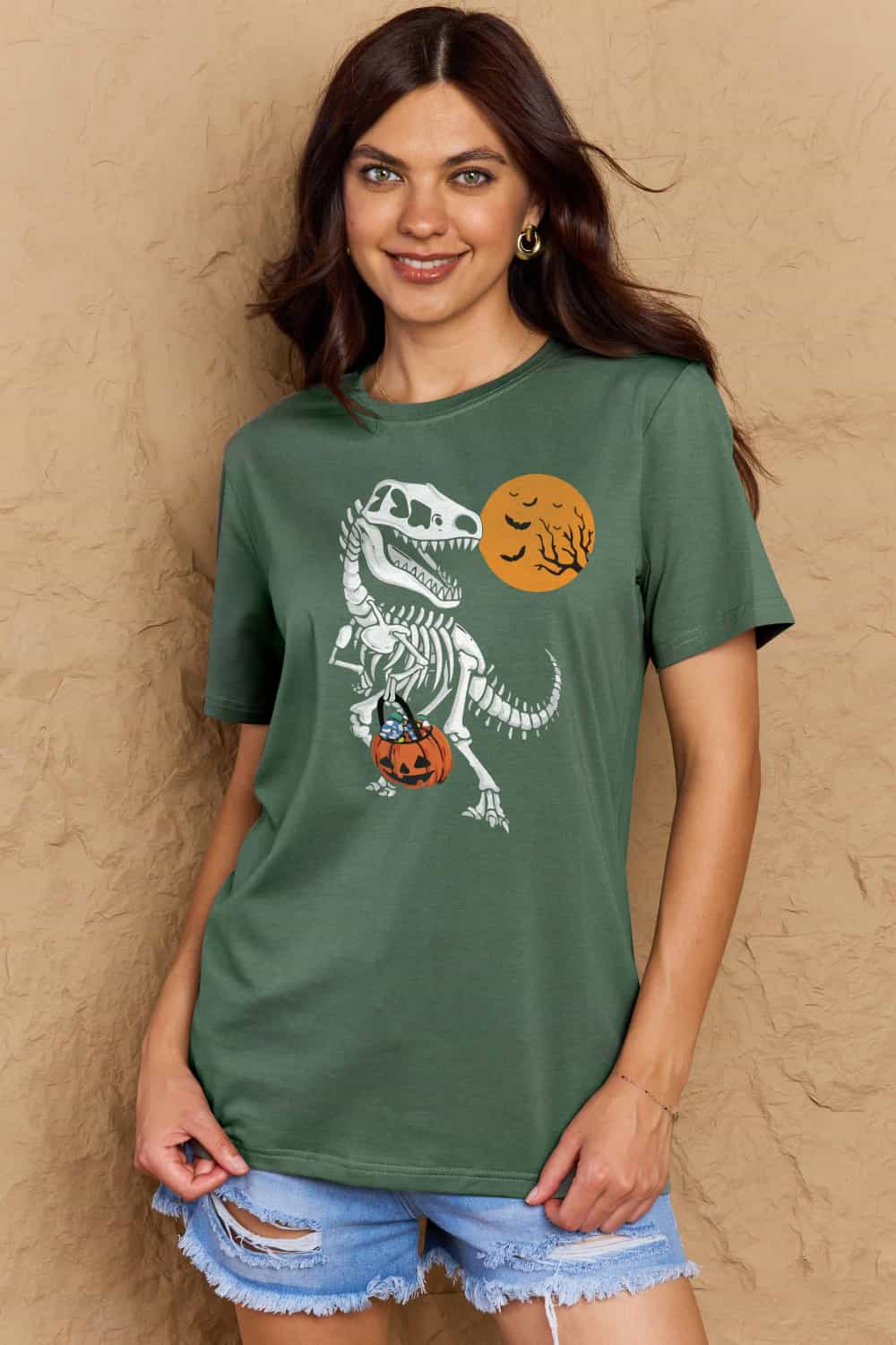 Full Size Women’s Casual Cotton T-Shirt - Dinosaur Skeleton