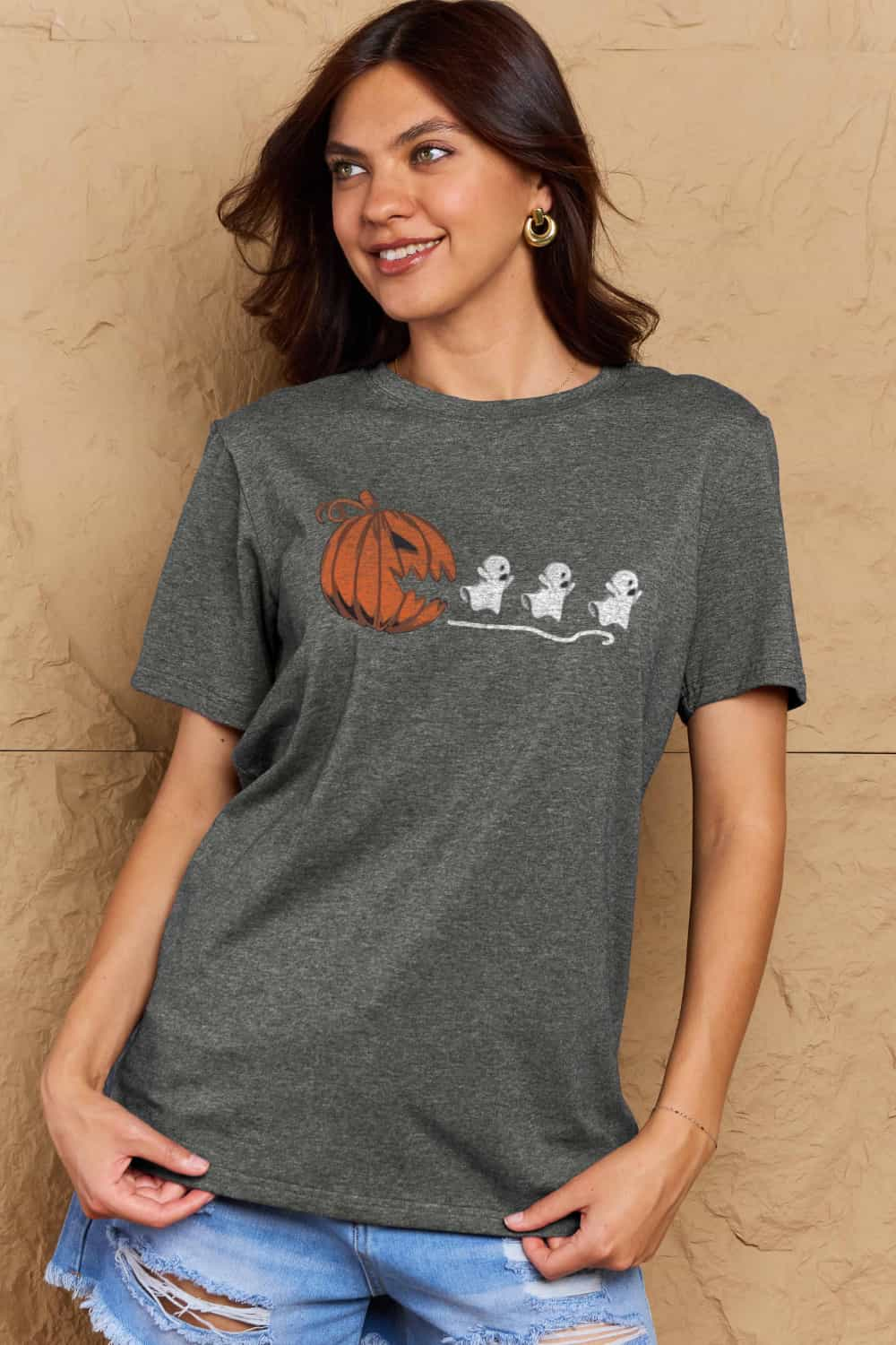 Full Size Jack-O'-Lantern Chasing Ghosts Graphic Cotton T-Shirt