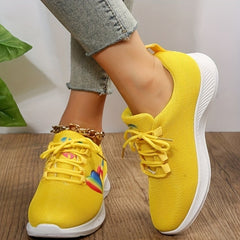 Women Yellow Mesh Lace-Up Sneaker with Lightning and Heart Graphic