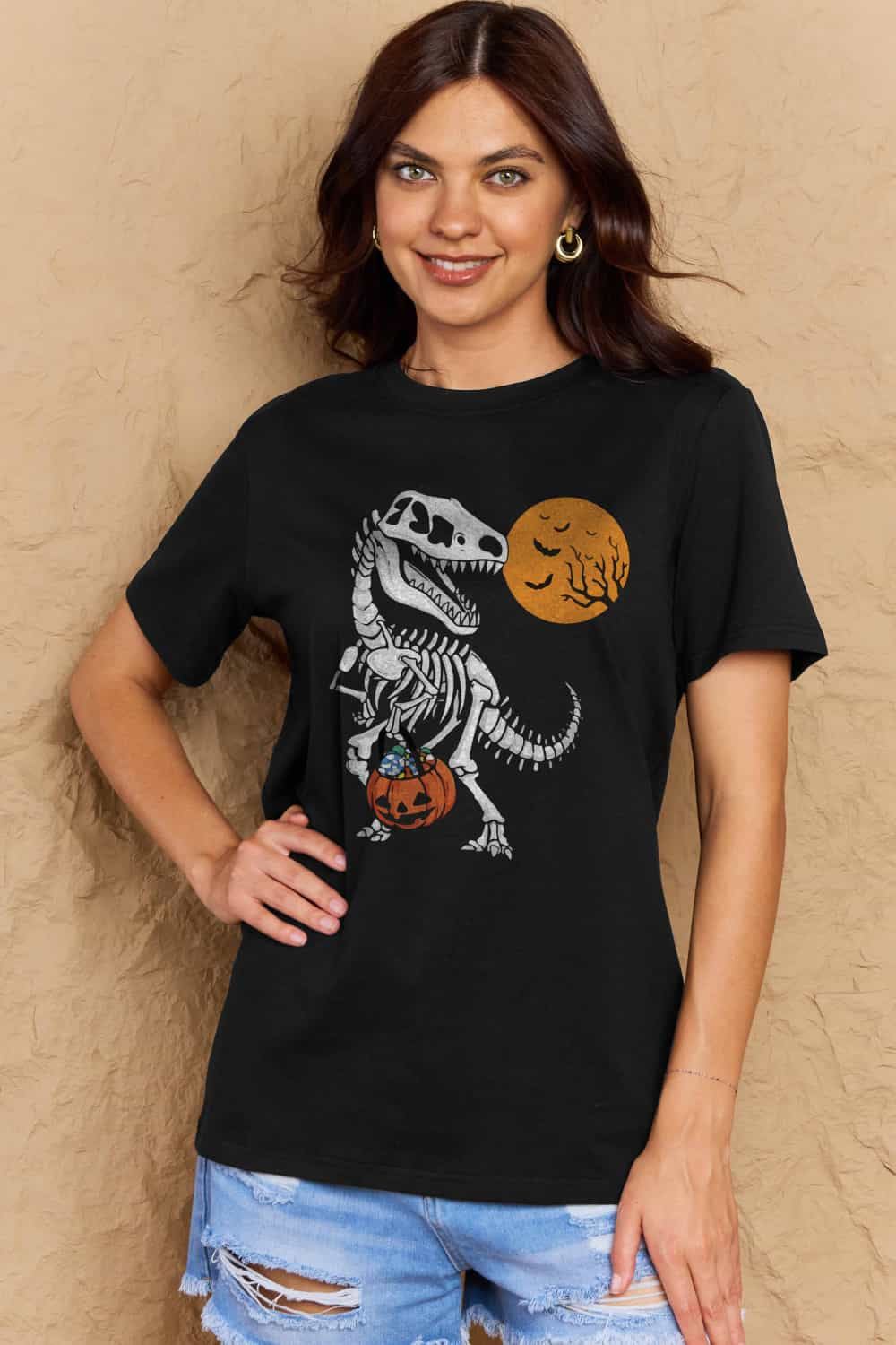 Full Size Women’s Casual Cotton T-Shirt - Dinosaur Skeleton