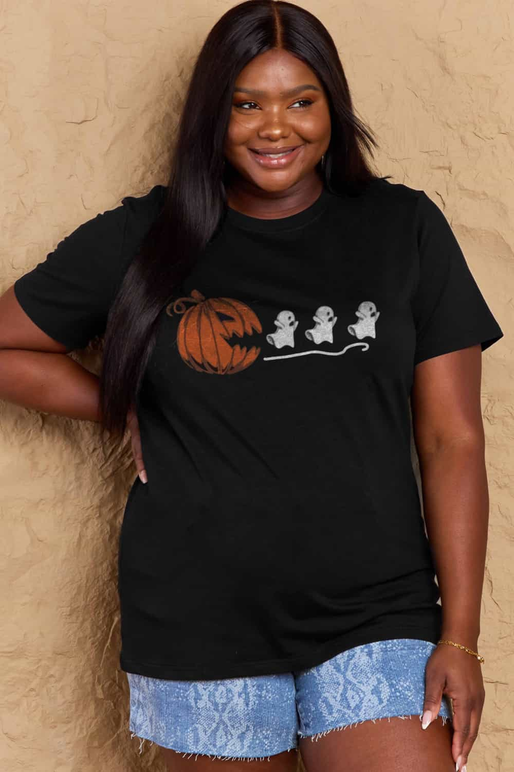 Full Size Jack-O'-Lantern Chasing Ghosts Graphic Cotton T-Shirt