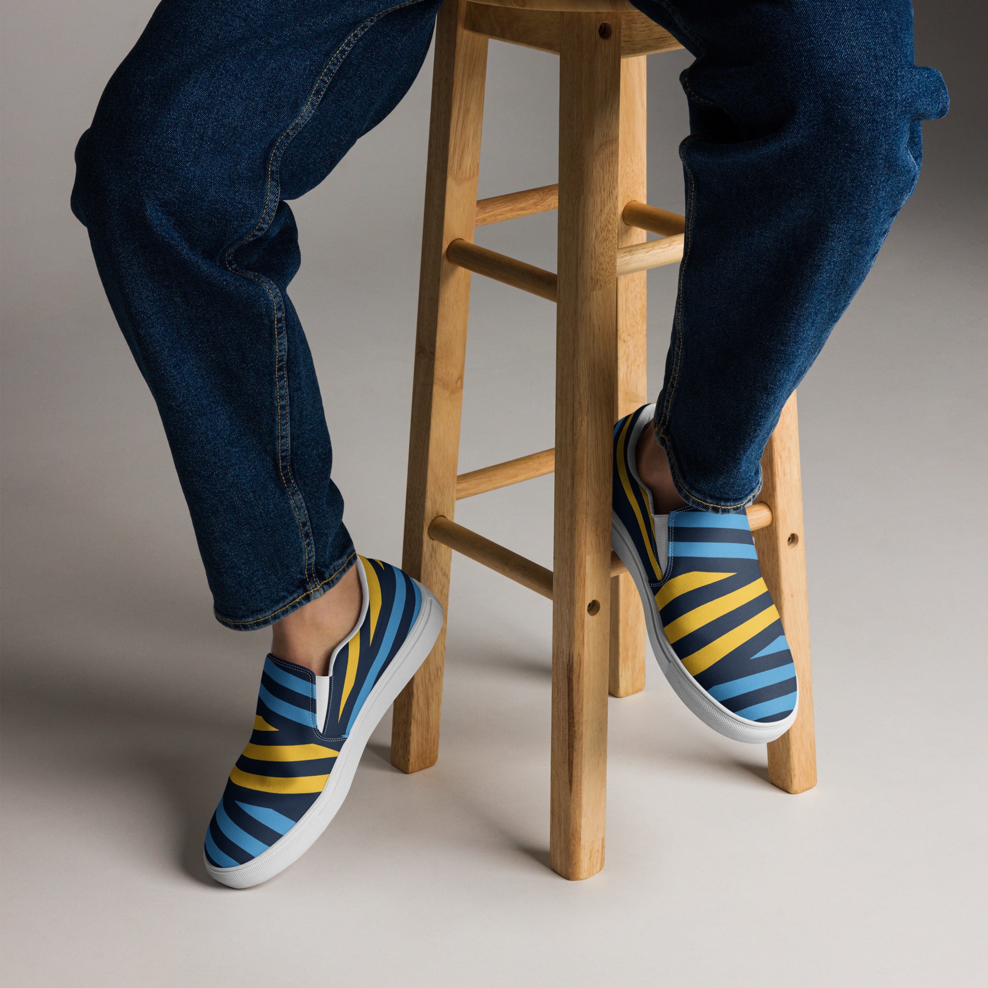 Men’s Blue and Yellow Stripes Slip-On Canvas Shoes - Handmade, Breathable, and Comfortable Footwear