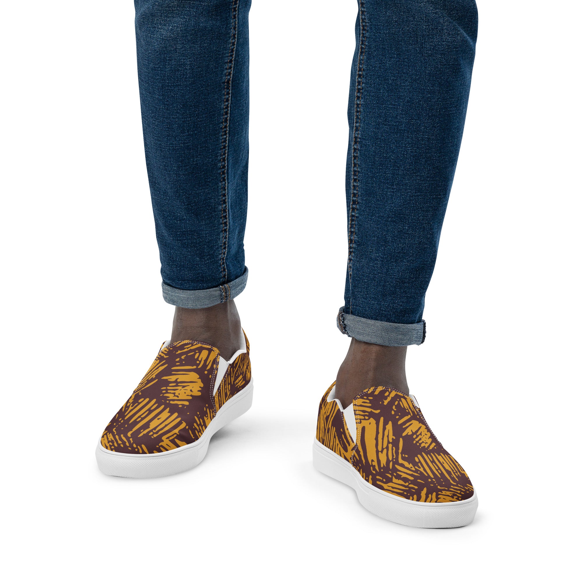 Brown Abstract Pattern Men’s Slip-On Canvas Shoes - Stylish, Comfortable, and Durable Footwear