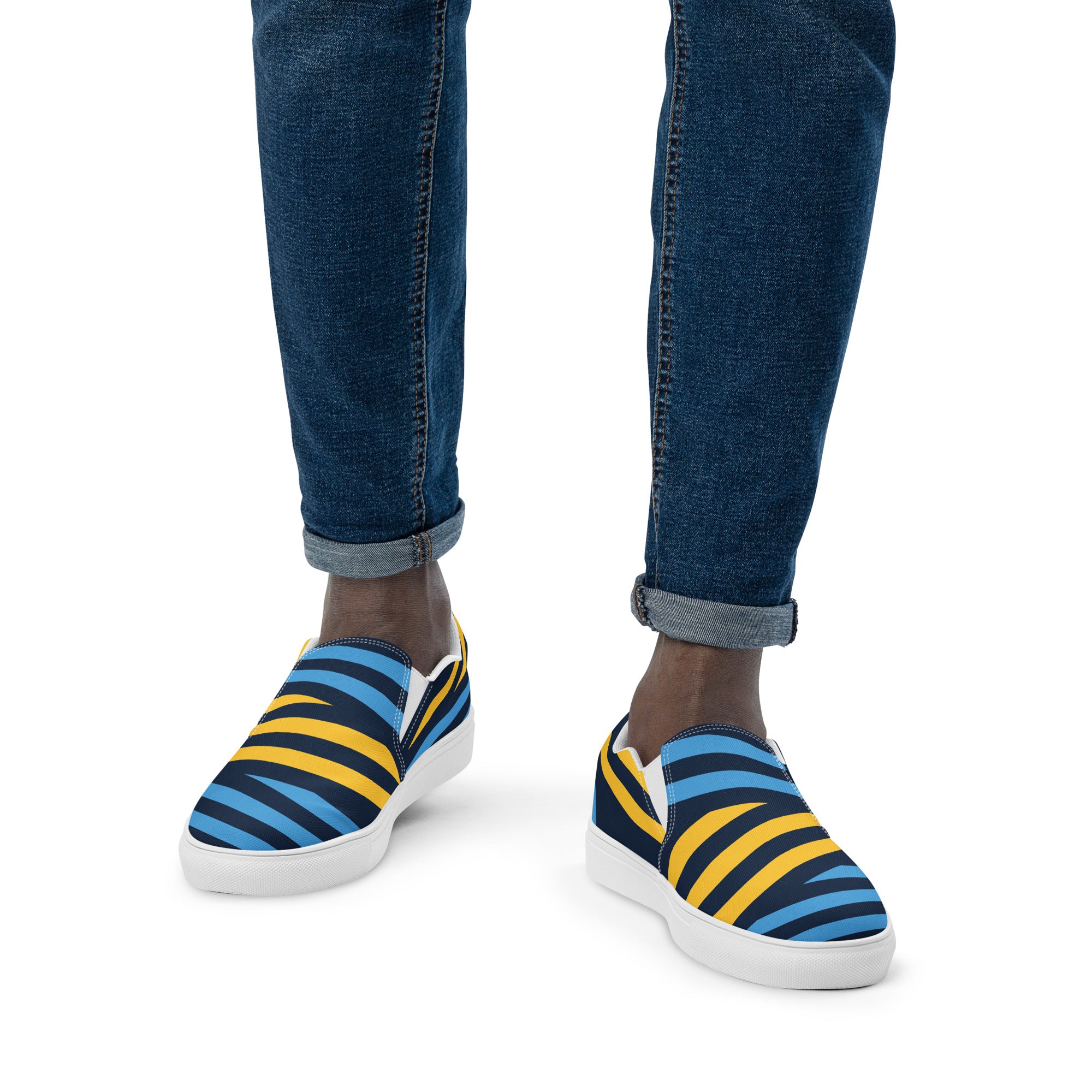 Men’s Blue and Yellow Stripes Slip-On Canvas Shoes - Handmade, Breathable, and Comfortable Footwear