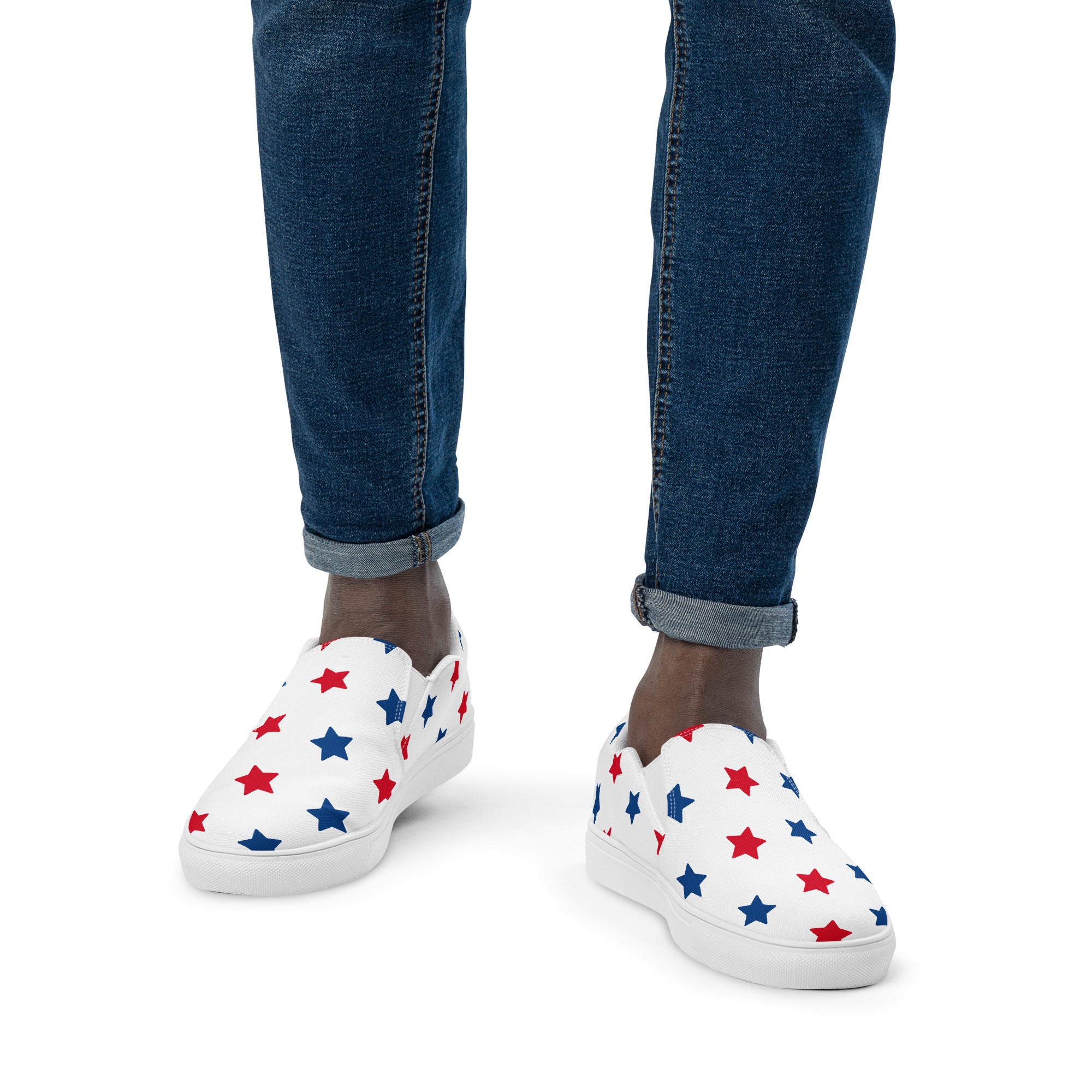 Men’s USA Red and Blue Stars Slip-On Canvas Shoes - Handmade, Breathable, and Comfortable Footwear