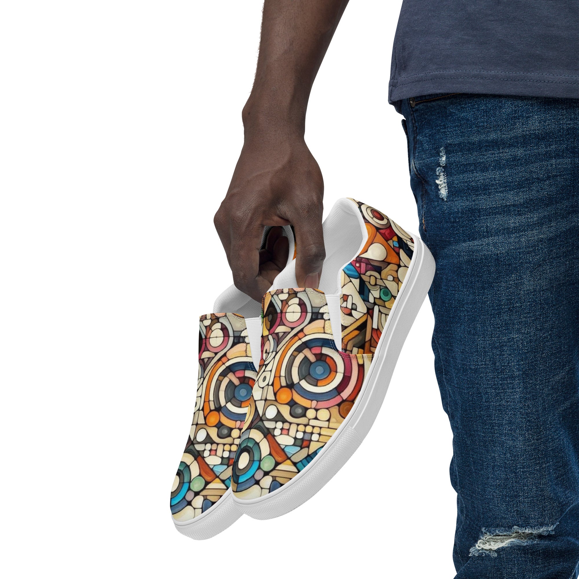 Men’s slip-on canvas shoes With Vibrant Geometric Pattern - Comfortable, Durable & Stylish