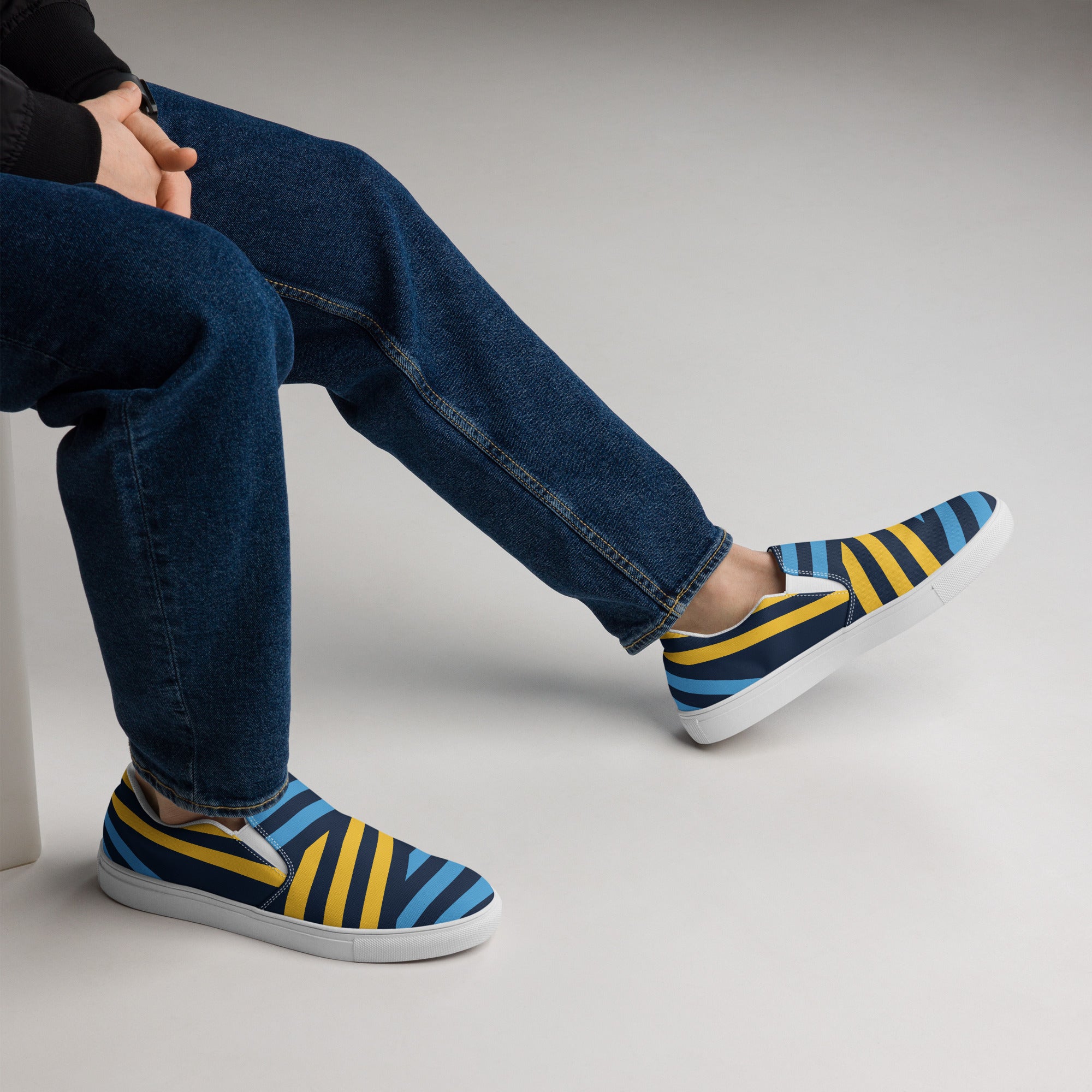 Men’s Blue and Yellow Stripes Slip-On Canvas Shoes - Handmade, Breathable, and Comfortable Footwear