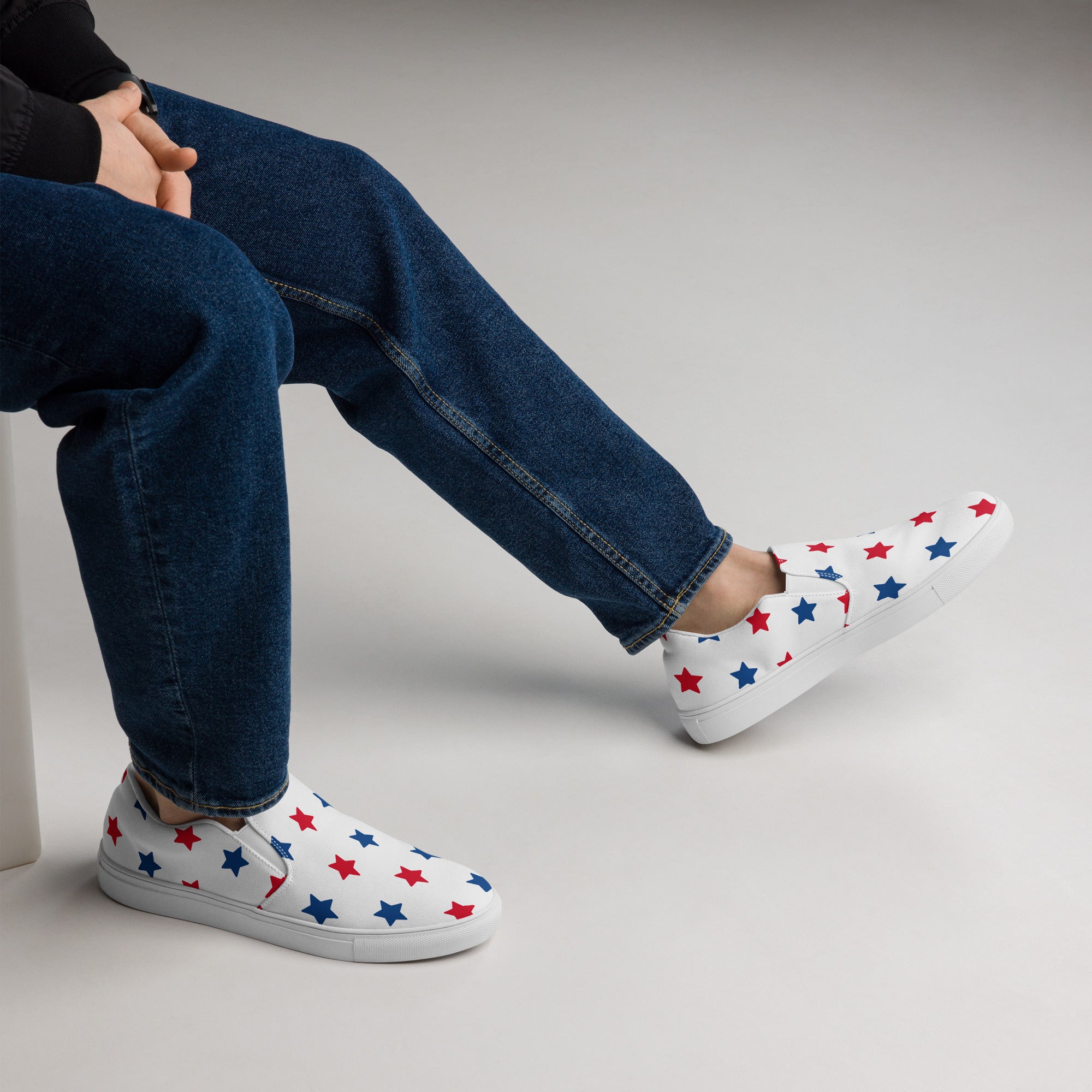 Men’s USA Red and Blue Stars Slip-On Canvas Shoes - Handmade, Breathable, and Comfortable Footwear