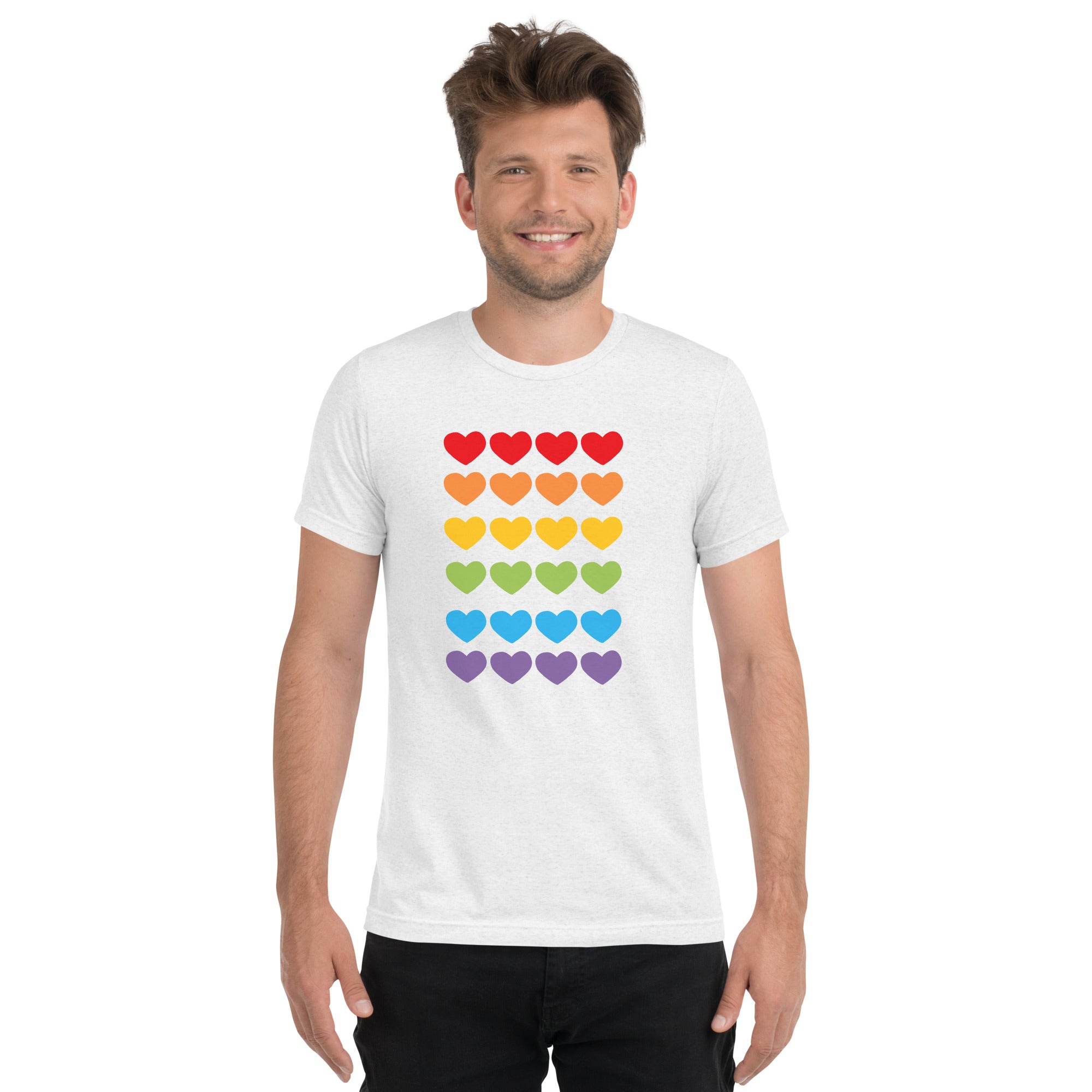 Unisex Tri-Blend T-Shirt with Pride Colors Mini Hearts Graphic