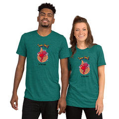 Unisex Tri-Blend T-Shirt - Too Hot To Handle Slogan and Fiery Devil Graphic