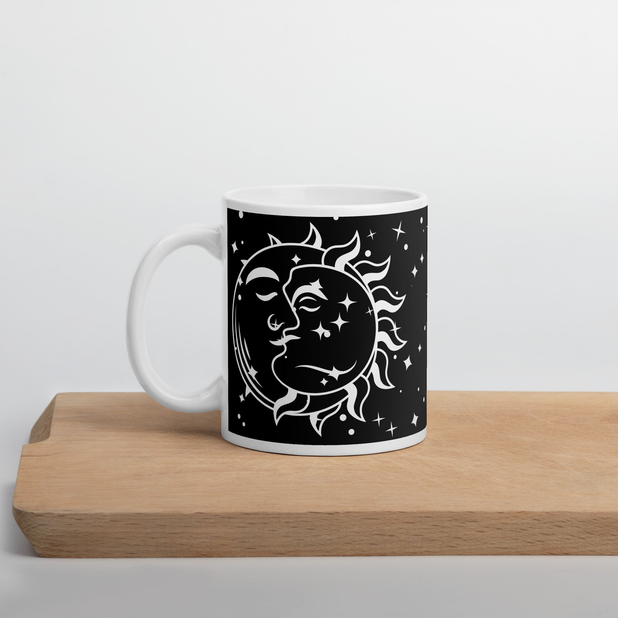 White Ceramic 11oz Mug with Black Background and Sun & Moon Kissing Design