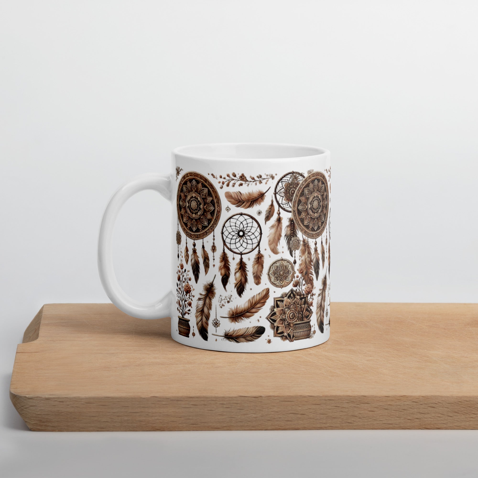 Rustic Dreamcatcher Ceramic Mug – Mandala & Feather Design