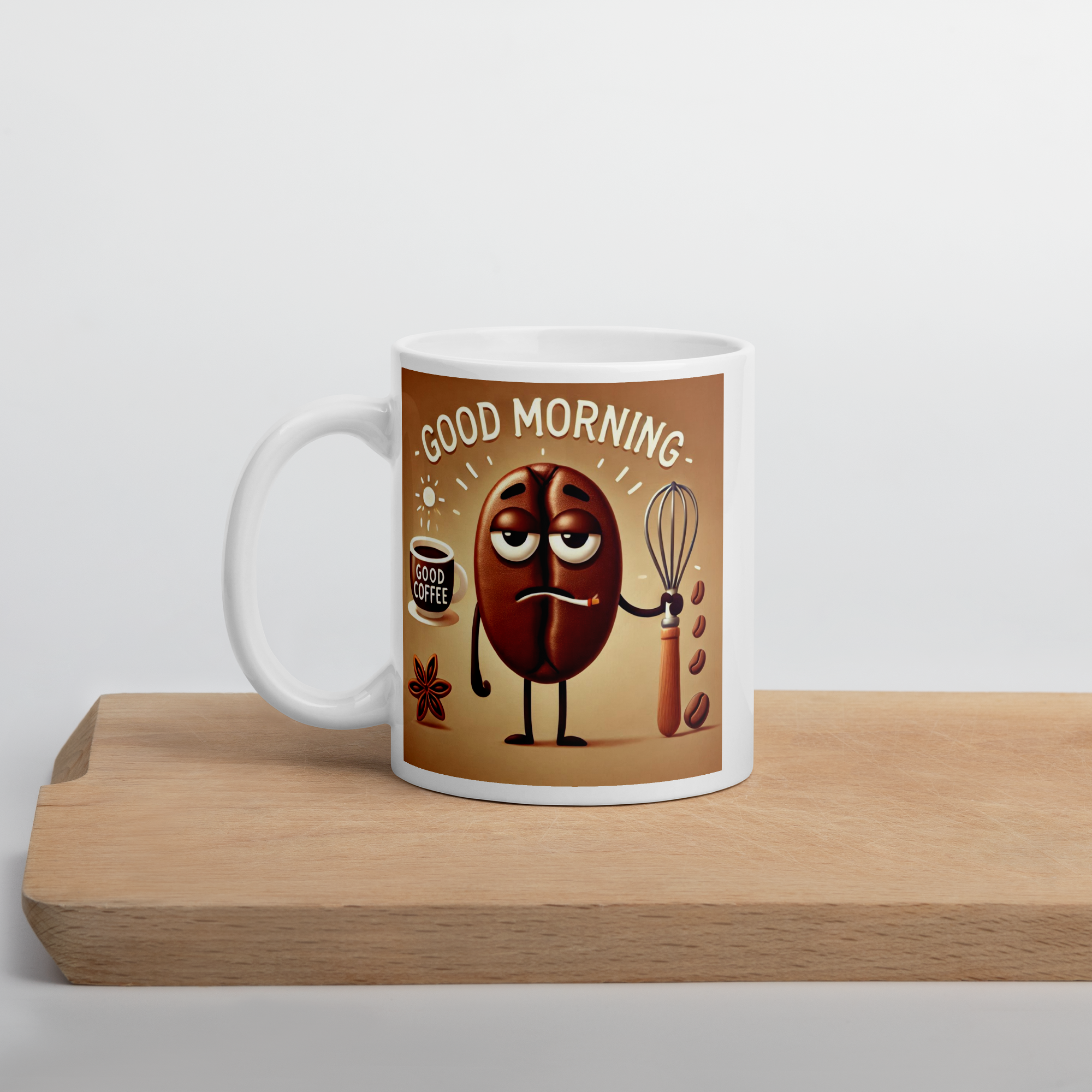 Good Morning Coffee Bean Ceramic Mug  Funny Tired Bean Design