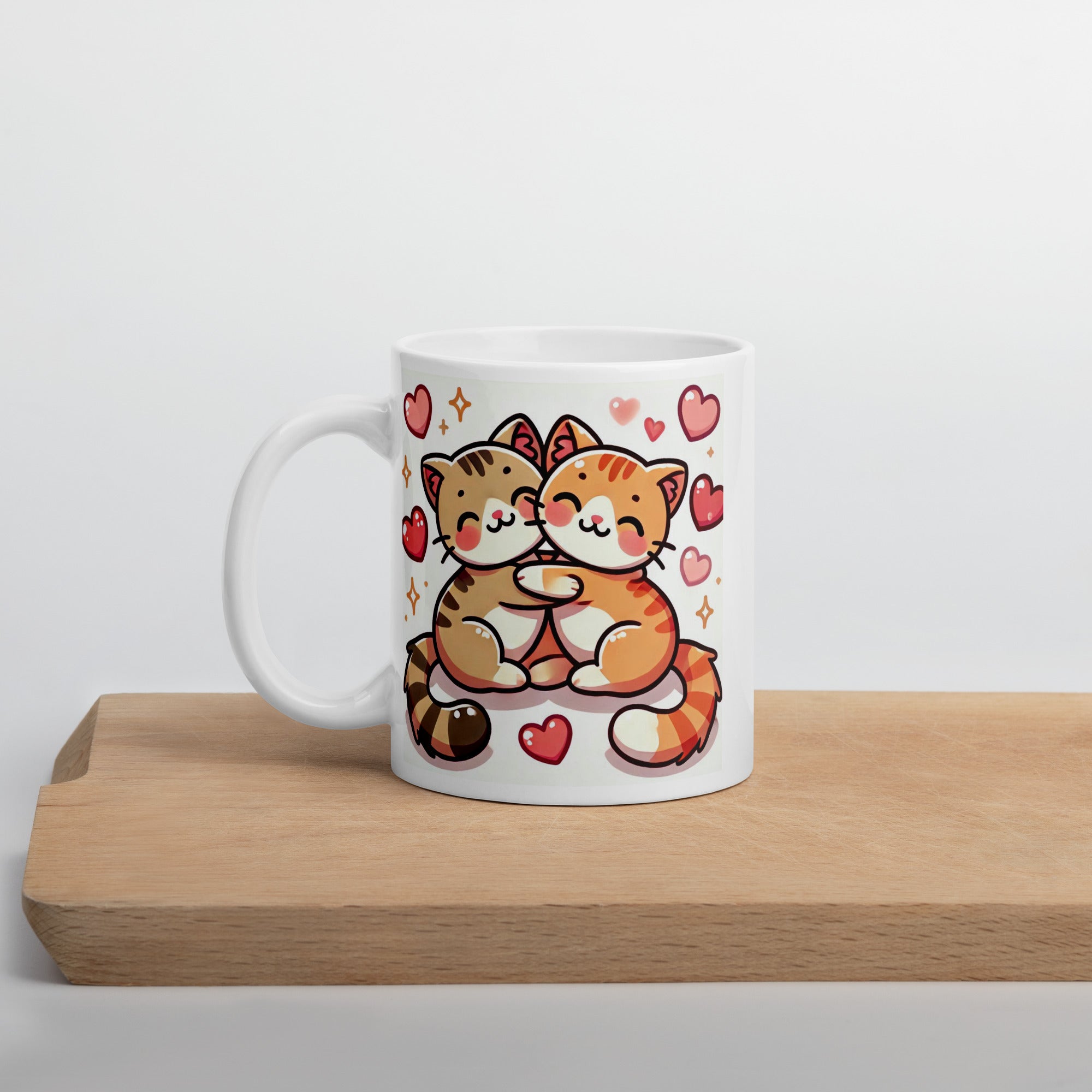 Hugging Cats Ceramic Mug – Cute Cartoon Kitty Design with Hearts